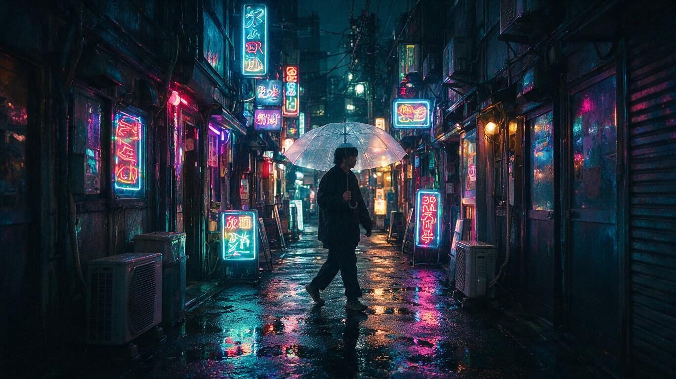 Seedream 5 Pro example: person with a clear umbrella in a rainy neon-lit alley