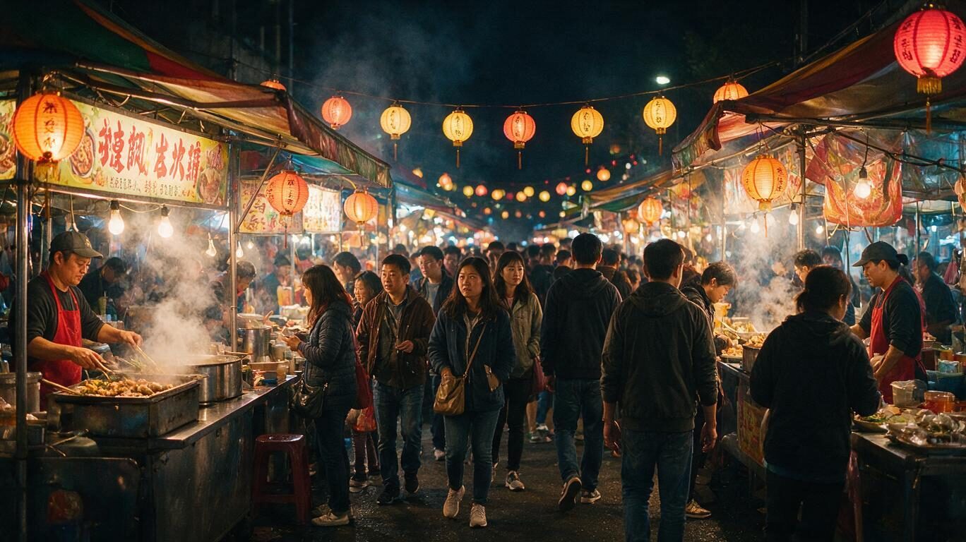 Seedream 5 Pro example: crowded night market with steaming food stalls and paper lanterns