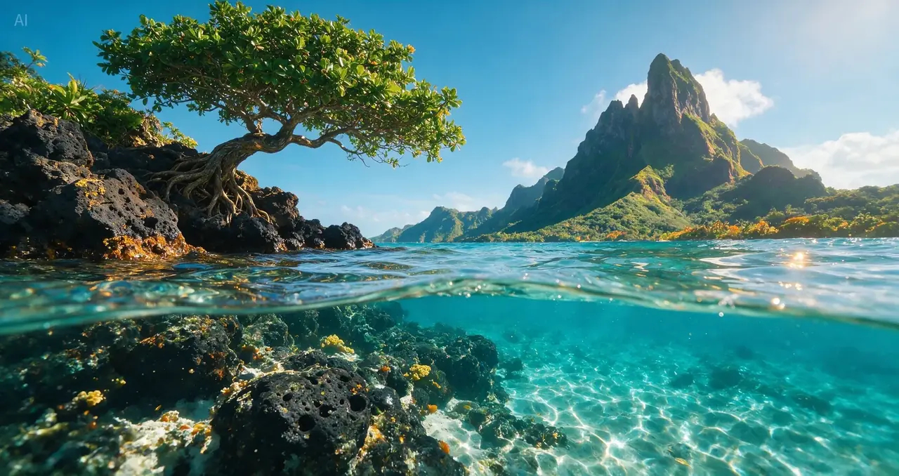 Seedream 5 Pro example: over-under tropical split showing volcanic rocks above and clear water below