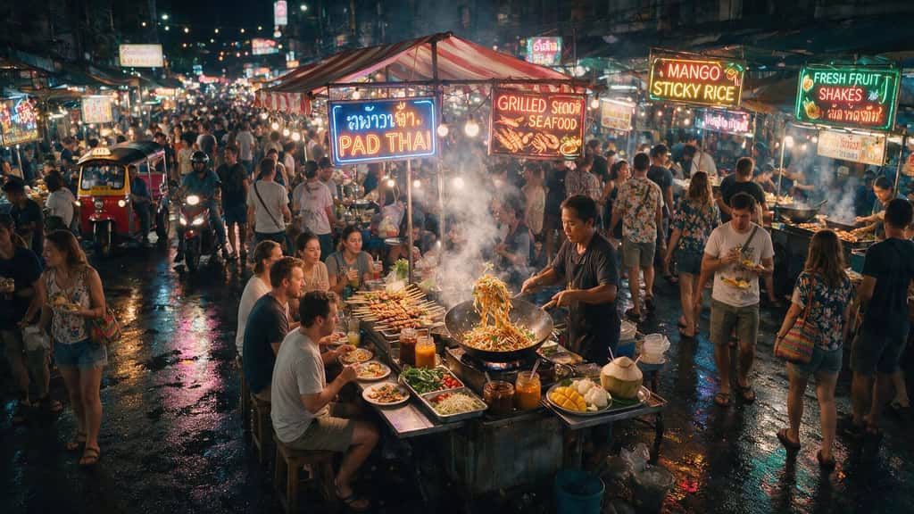 Crowded Thai night market with a neon Pad Thai sign and wok cooking
