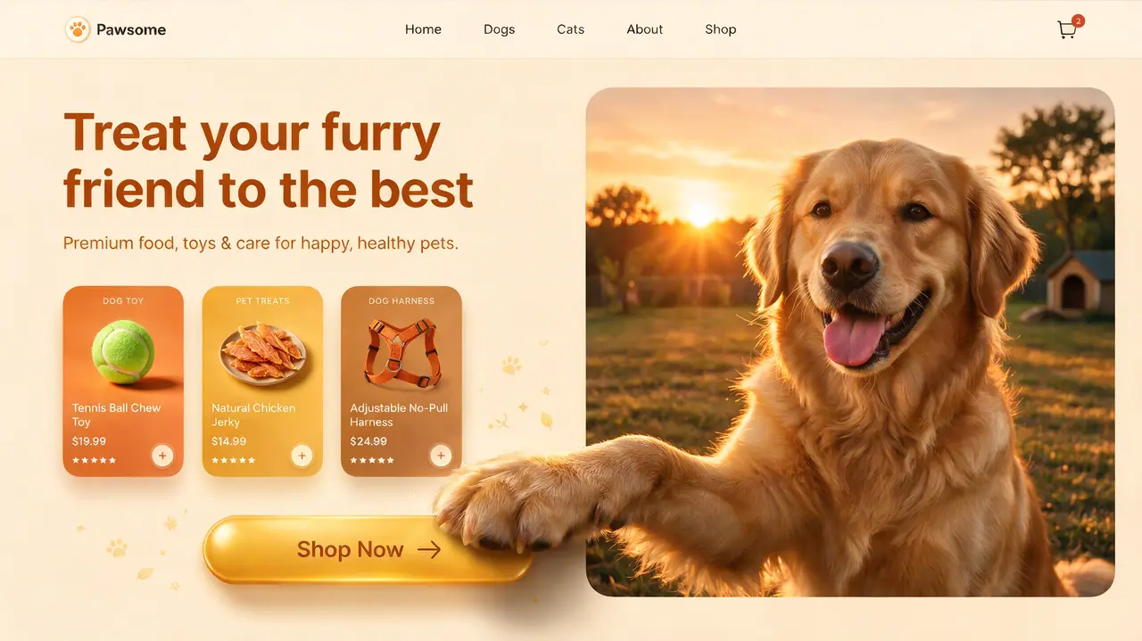 Seedream 5 Pro example: pet ecommerce landing page mockup with product cards and golden retriever hero