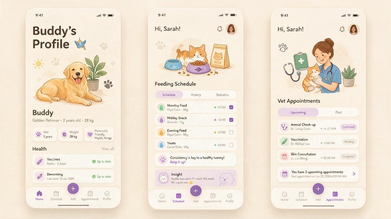 Seedream 5 Pro example: three phone screens of a pet care app with profile, feeding and vet pages