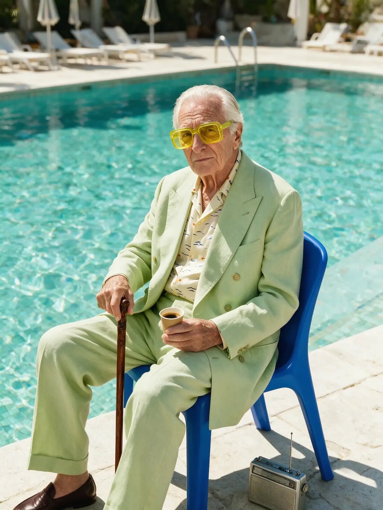 Seedream 5 Pro example: elderly man in a pastel linen suit by a turquoise pool