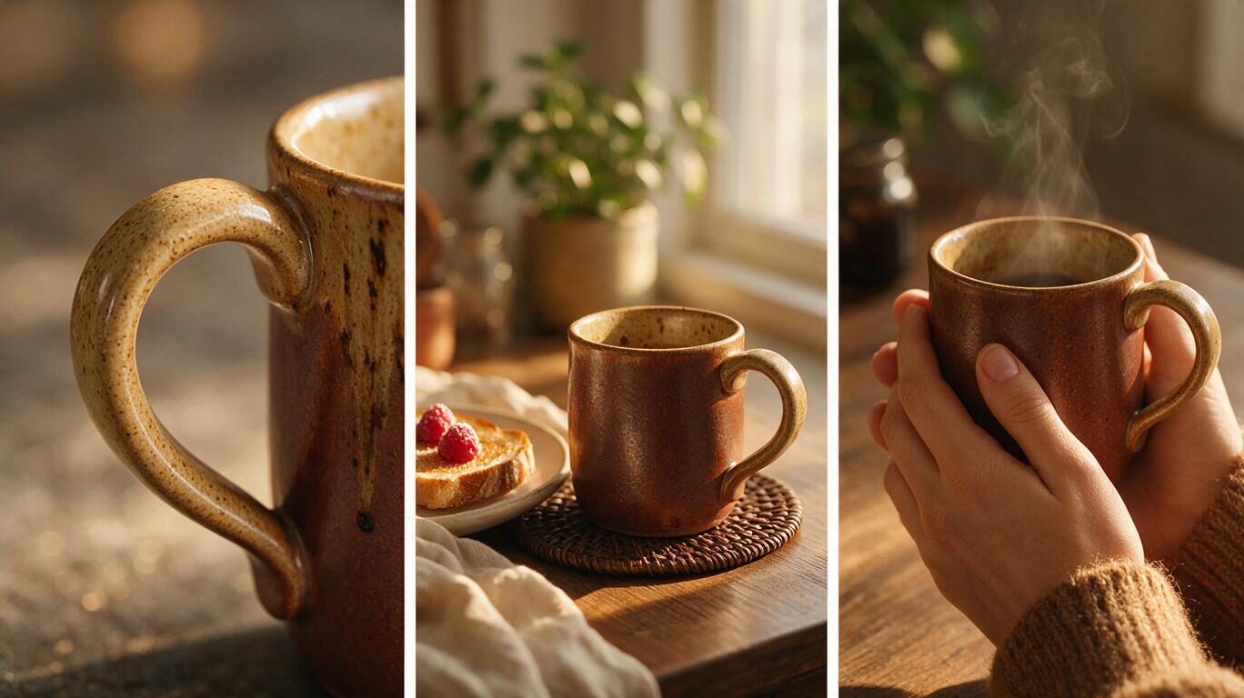 Seedream 5 Pro example: three panels of a ceramic coffee mug in warm light