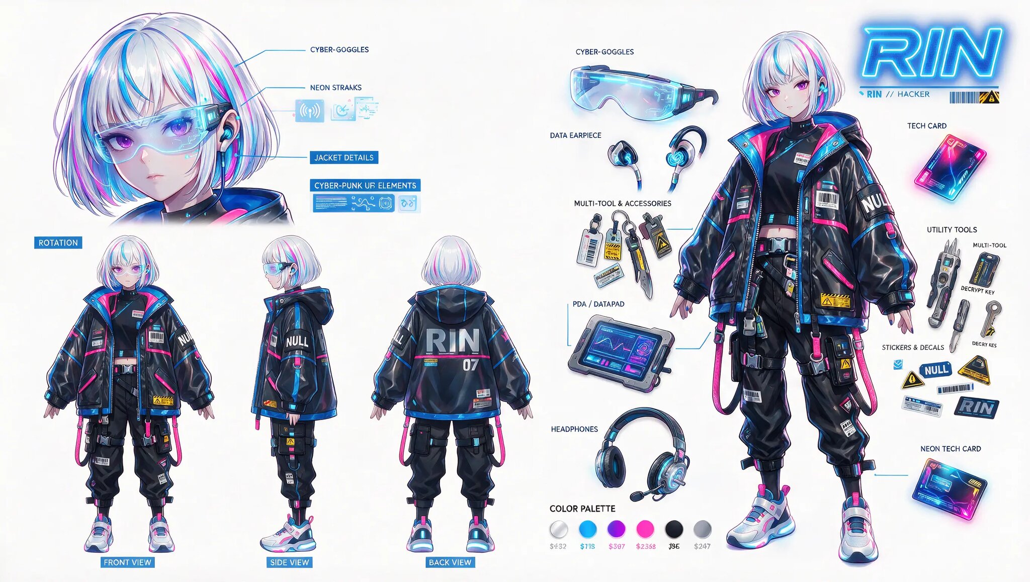 Seedream 5 Pro example: cyberpunk character sheet with rotation views, assets, and color palette