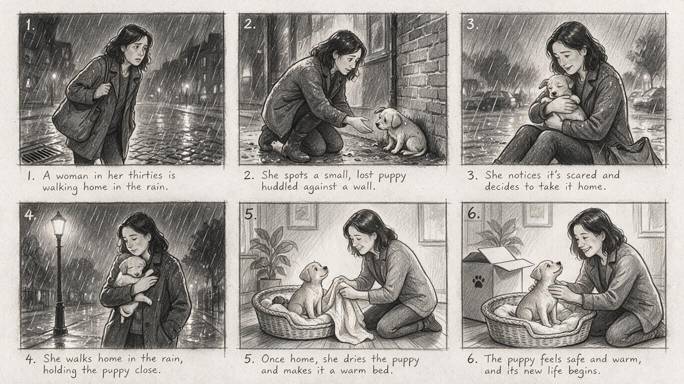 Seedream 5 Pro example: six-panel pencil storyboard of a woman rescuing a puppy in the rain