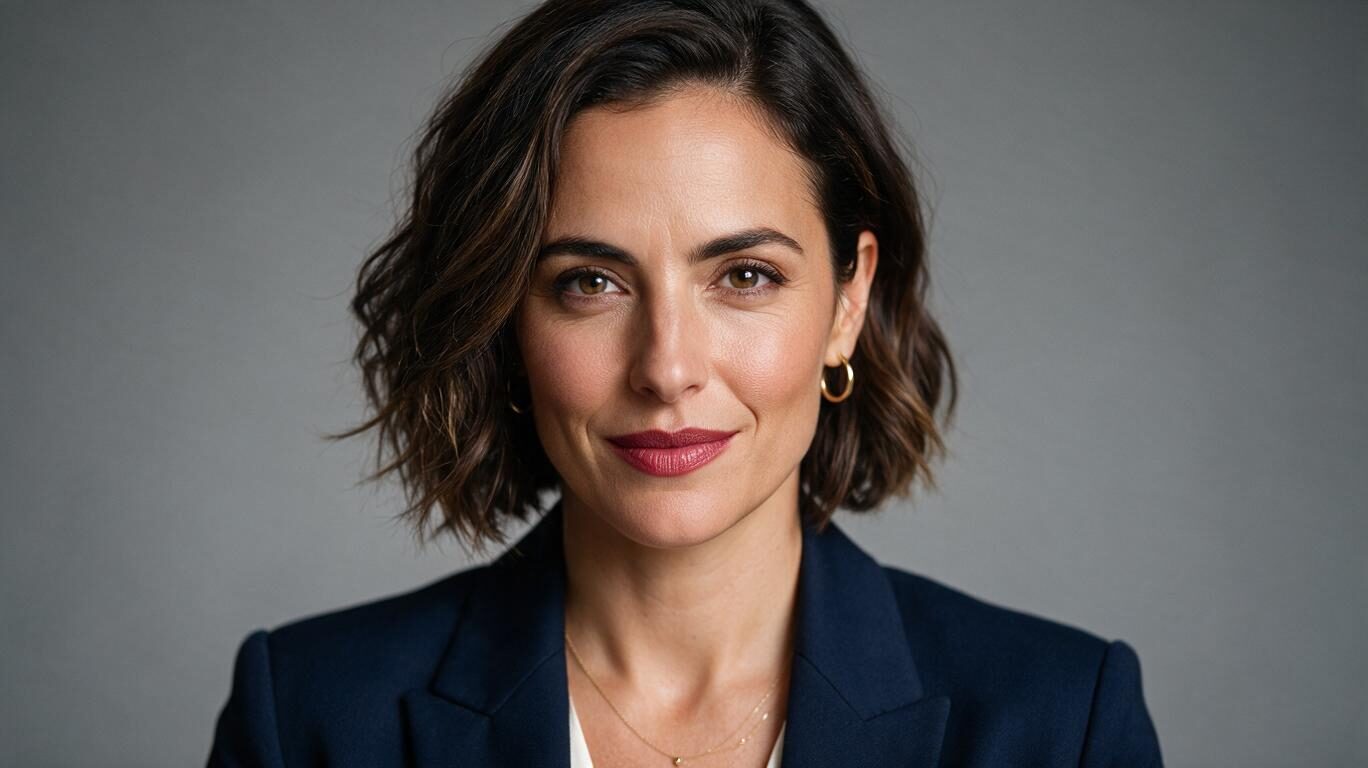 Seedream 5 Pro example: smiling woman in a navy blazer against a gray studio backdrop