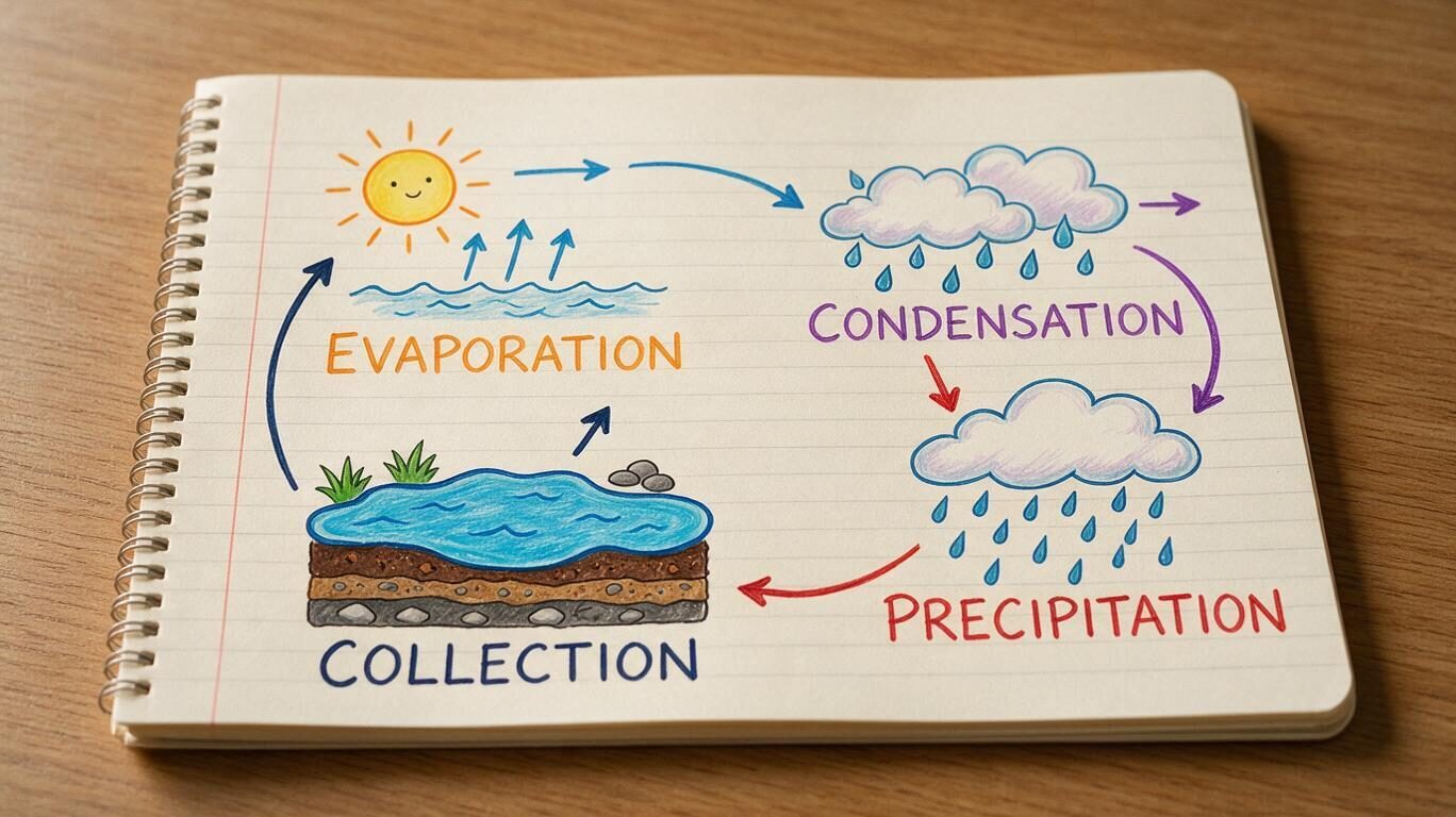 Seedream 5 Pro example: notebook page with a colorful hand-drawn water cycle diagram