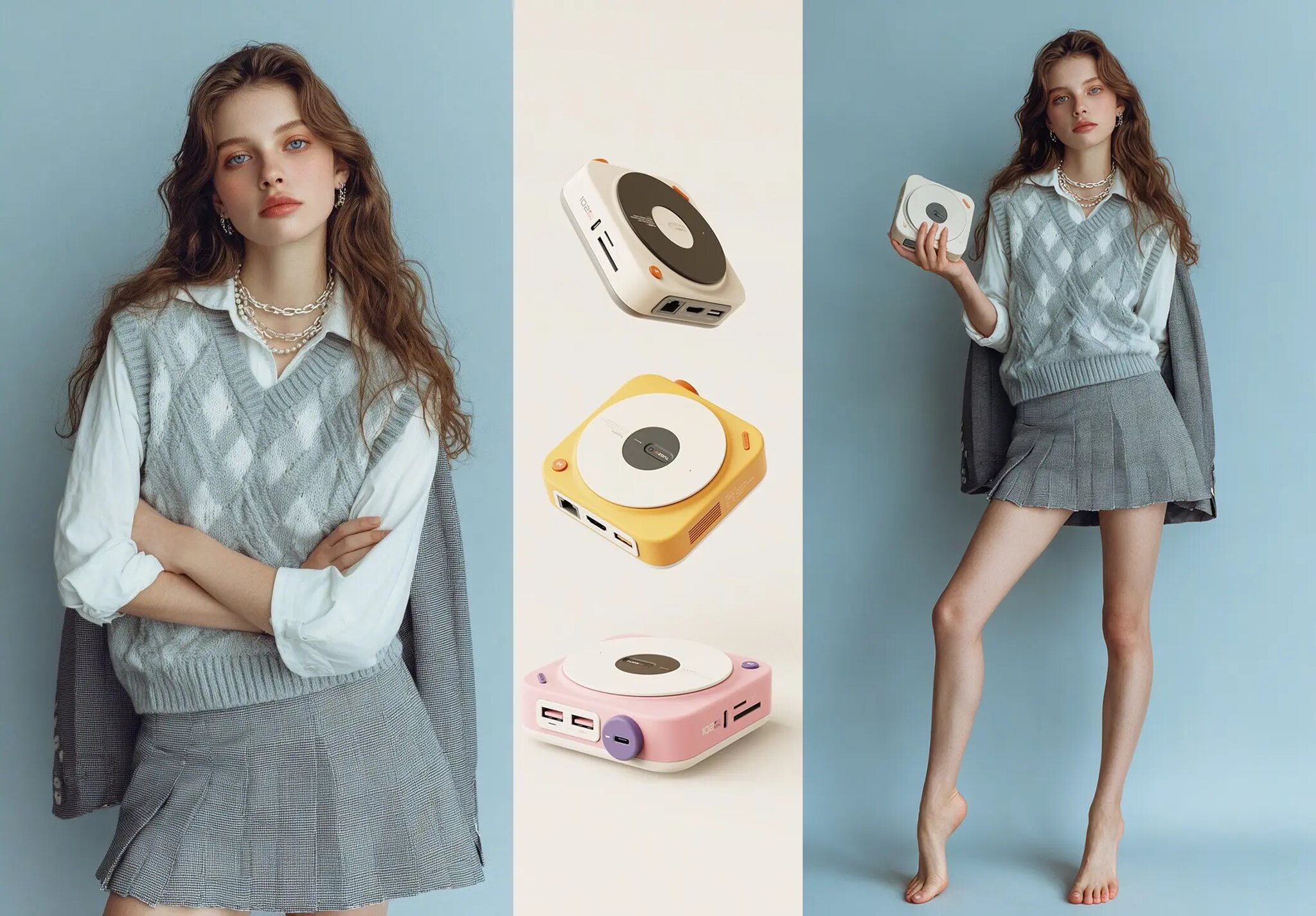 Seedream 5 Pro example: product campaign triptych with character portraits and gadget colorways