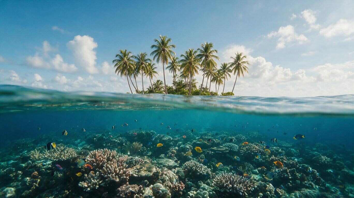 Seedream 5 Pro example: split waterline view of a palm island above a coral reef