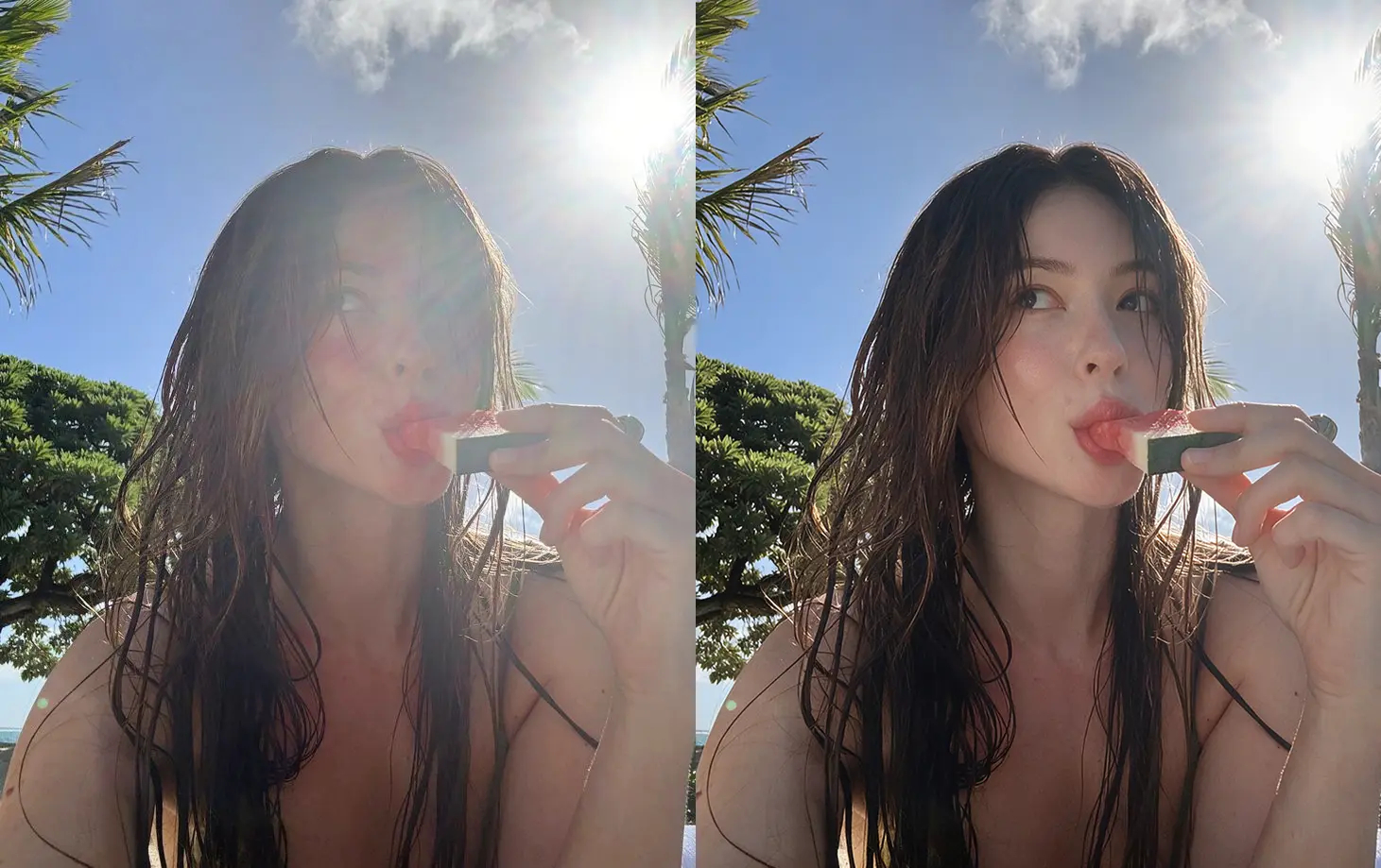 Seedream 5 Pro example: side-by-side watermelon portrait enhancement comparison