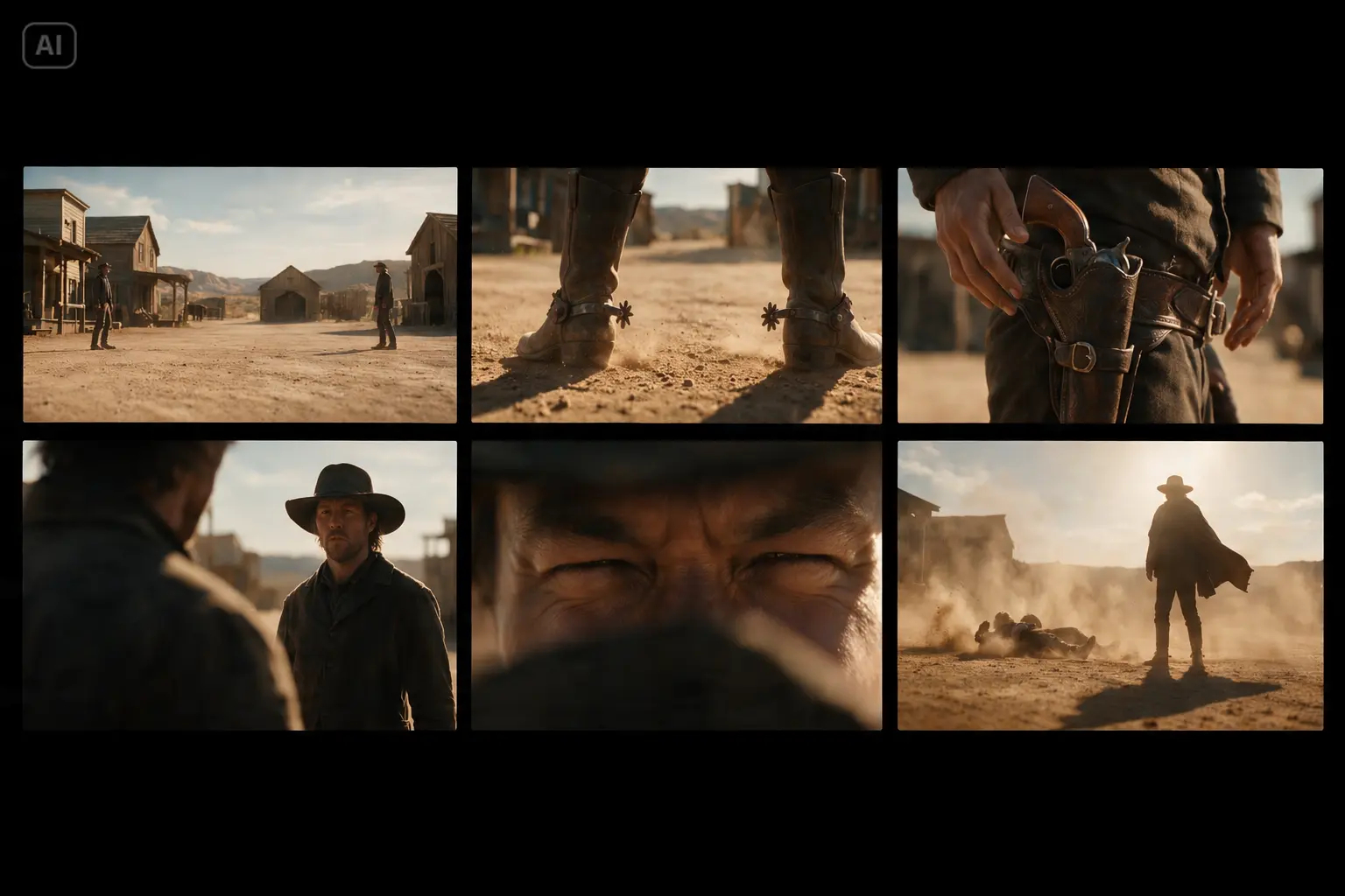 Seedream 5 Pro example: six-panel western duel storyboard with cinematic framing