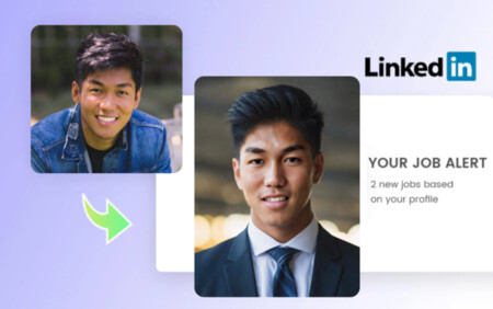 Before and after preview of an AI generated headshot.