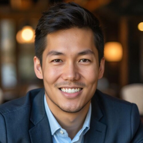 Professional AI-generated headshot of a smiling man in a navy suit