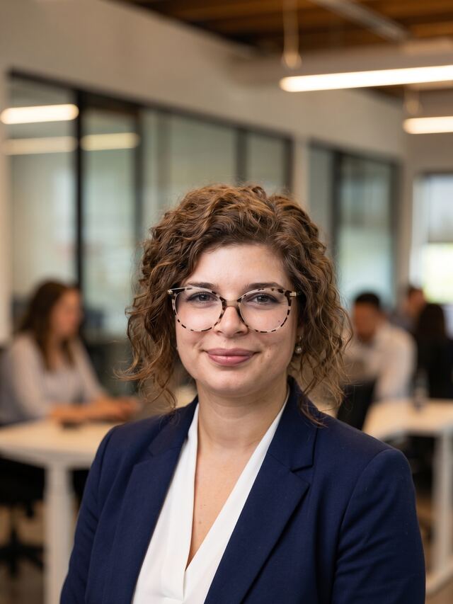 AI generated female headshot from AI Headshot with Office Background