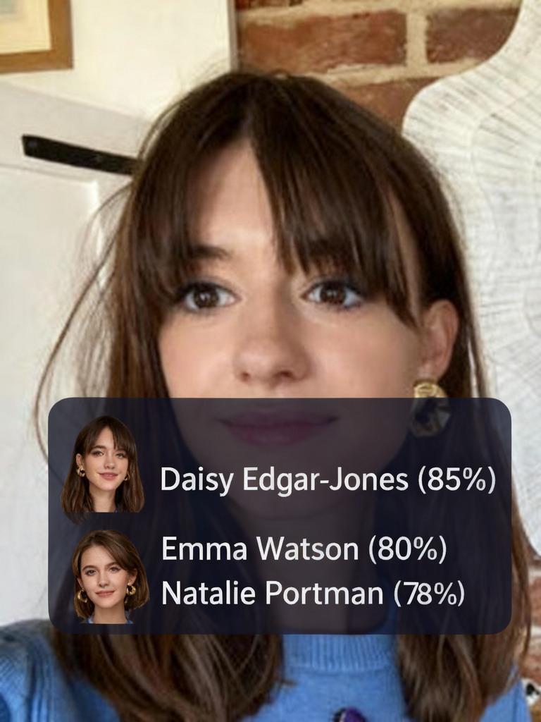 AI-generated suggestions: Daisy Edgar-Jones 85%, Emma Watson 80%, Natalie Portman 78%.