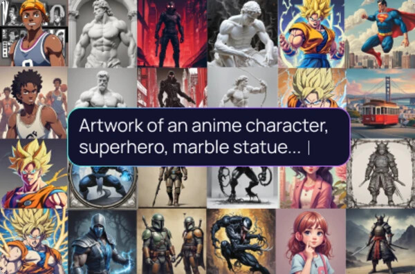 Simple interface showing text prompt field and generated AI images below.