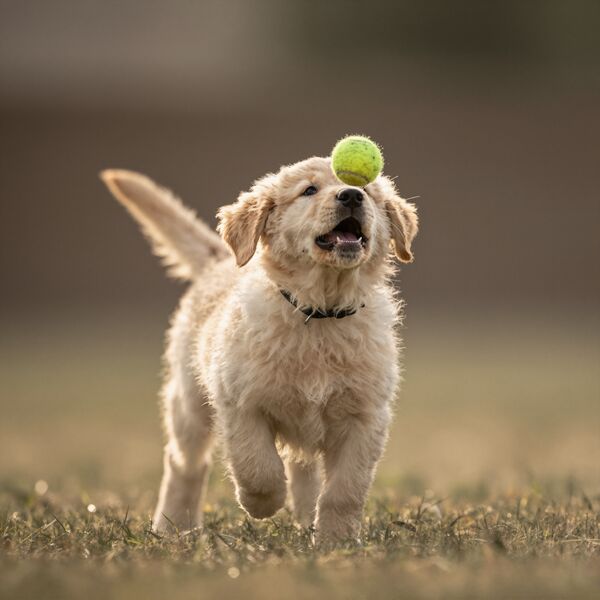 A golden retriever puppy mid-jump catching a tennis ball in a sunlit backyard, shallow depth of field, warm late afternoon light, candid photography.
