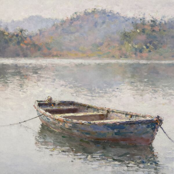 An impressionist oil painting of a small fishing boat on a calm lake at sunrise, soft brushstrokes, warm pastel palette, misty mountains in the background.