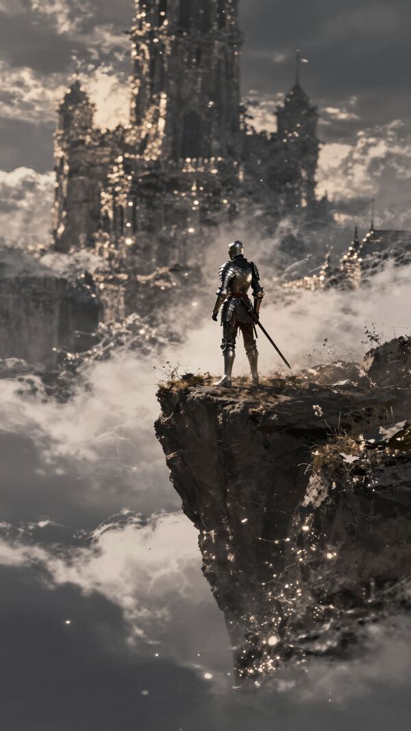 A lone armored knight standing atop a cliff overlooking a floating castle in the clouds, dramatic sunset lighting, epic fantasy concept art, full figure.