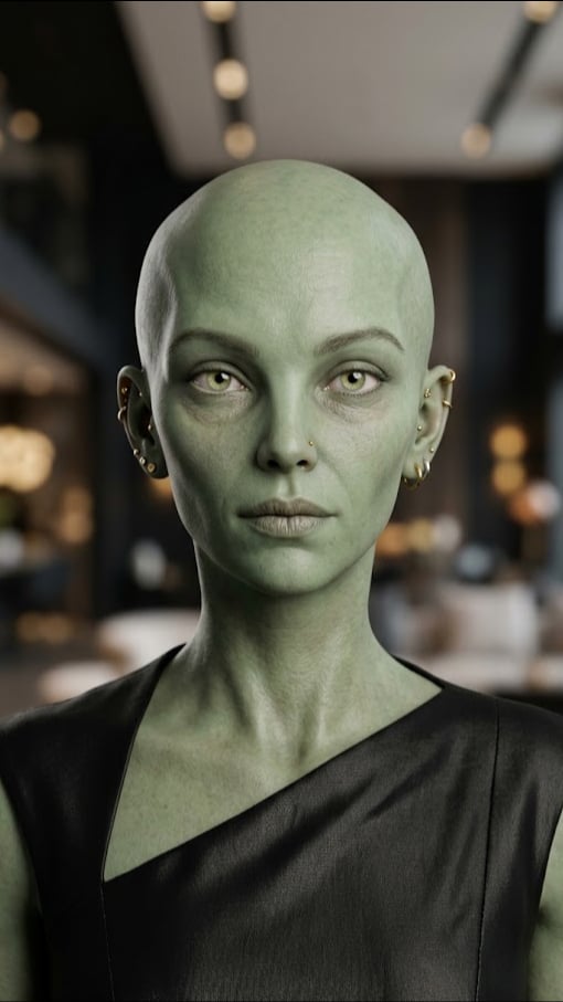 Alien-inspired AI influencer with green skin, designed without prompts for unique social personas