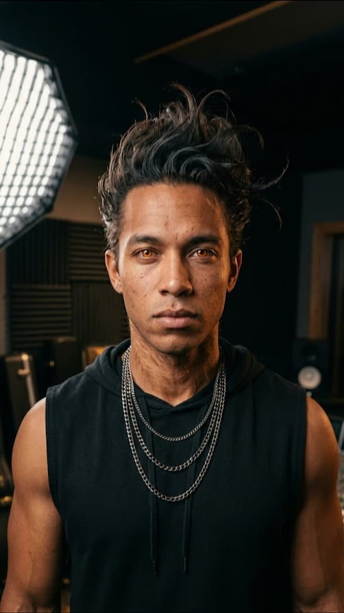 AI-generated virtual influencer with amber eyes, designed for music and creator content