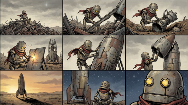 Multi-panel storyboard generated from a single prompt