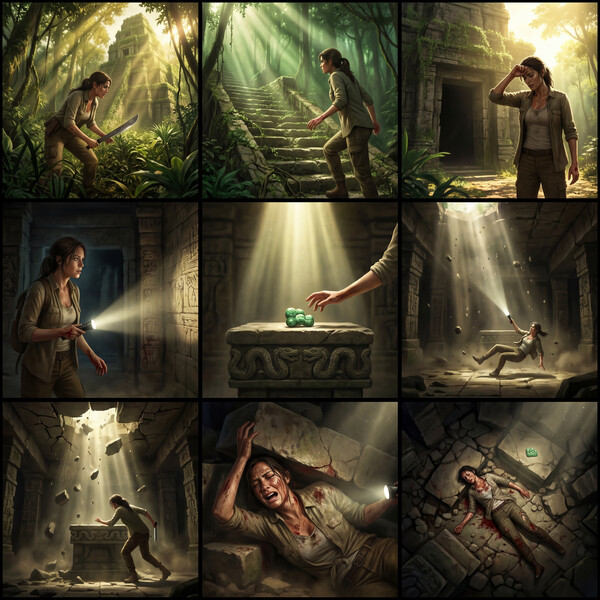 Ancient Aztec jungle temple discovery. 28mm wide-angle shafts of light, dense foliage, moss-covered stone. Cinematic realism.