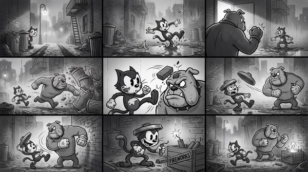 Classic 1930s rubberhose cartoon style. Black and white, film grain, bouncy animation silhouettes, vintage ink-and-paint.