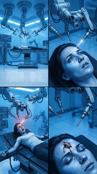 Cybernetic surgical bay. 24mm wide lens, cold sterile blue lighting, high-tech medical machinery, clinical atmosphere.