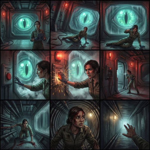 Deep sea base with a giant eye looking through the window. 14mm fisheye lens, murky water, cinematic scale, high tension.