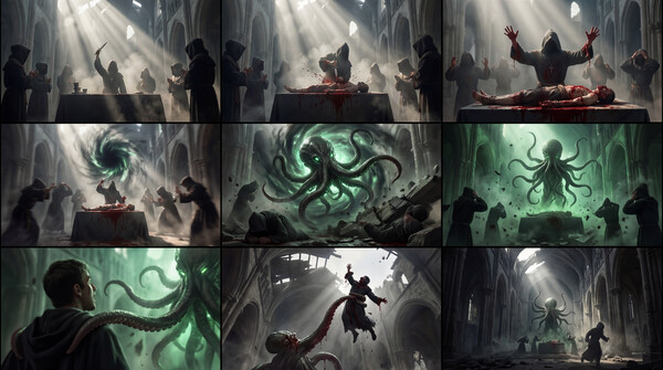 Eldritch ritual in a ruined cathedral. 50mm Summilux lens, gothic architecture, mystical energy, dramatic shadows.