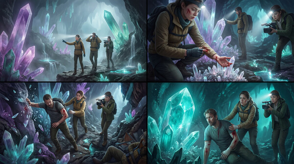 Expedition finding a crystalline cave. 24mm internal shot, glowing crystals, sharp reflections, adventurous cinematic lighting.