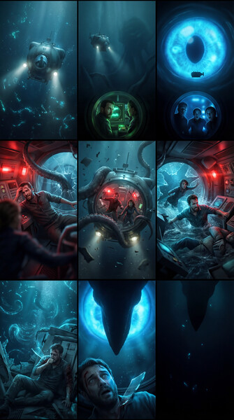 Oceanic research sub meeting a Kraken. 14mm murky deep-sea lens, massive scale, bubbles, dark silhouettes.