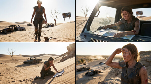 Post-apocalyptic desert scavenger. 85mm bokeh, harsh sun, rusted metal, sand-worn textures, cinematic desaturation.