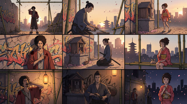 Samurai Champloo style, lofi hip-hop aesthetic. Graffiti-on-wood backgrounds, vibrant street-art colors, stylized anime ink.