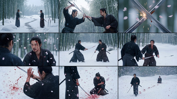 Snowy katana duel. 100mm long lens, slow motion cherry blossoms, blood on snow, high-contrast cinematic composition.