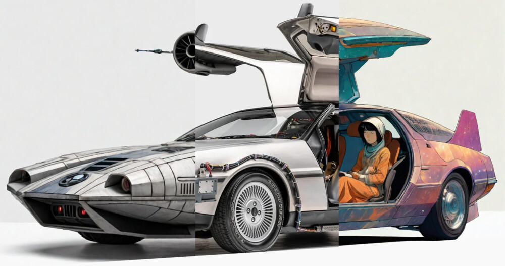 DeLorean car transformed into multiple artistic styles using AI image-to-image.