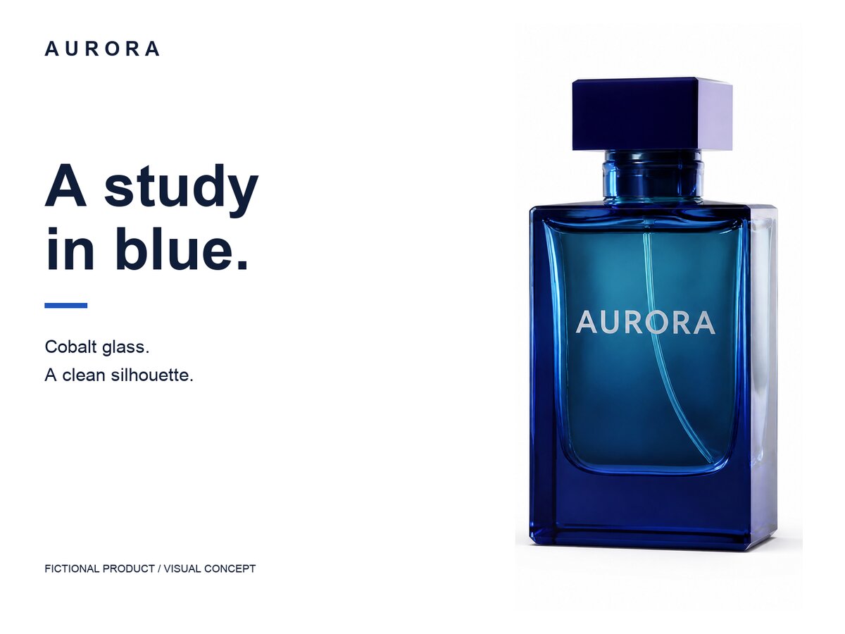 AURORA brand card with the cobalt bottle and locally composed copy