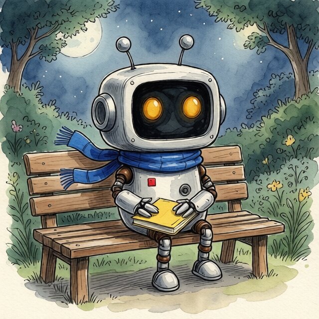 Nori robot on a bench in a moonlit garden with two scarf ends visible