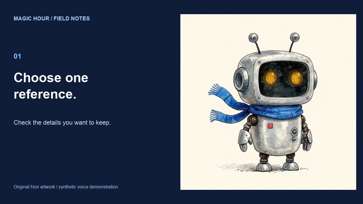 First explainer scene showing the Nori robot anchor with a headline