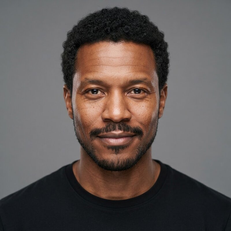 Studio headshot of a fictional man with curled black hair, moustache and short beard