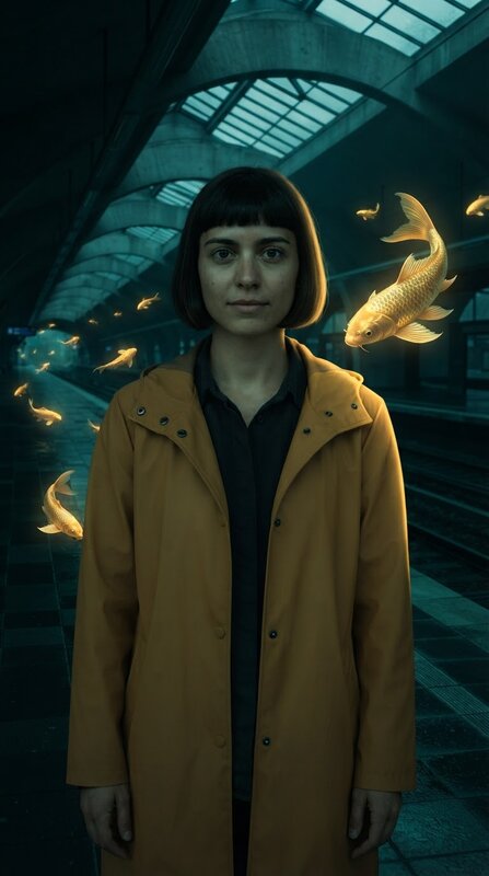 The same woman on a midnight railway platform with golden koi swimming through the air
