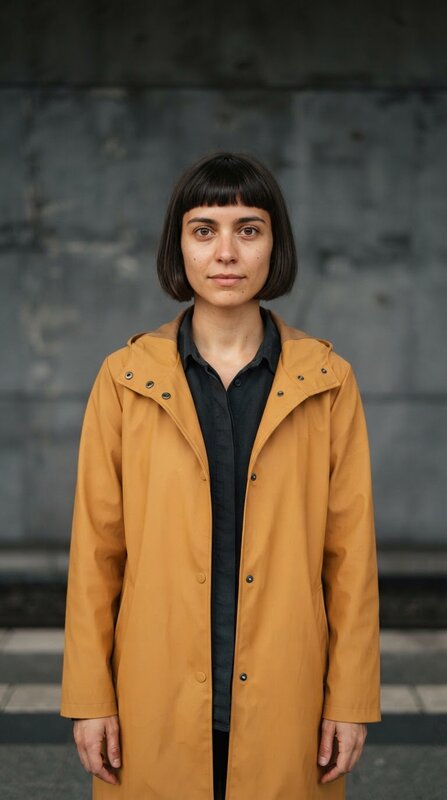 Fictional woman with a dark bob and amber raincoat against a grey platform wall